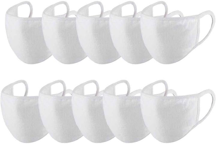 PANYJE Premium 3 layer washable & reusable 10 pack face covering 100% cotton for superior protection UK Seller, lightweight, breathable & soft unisex adult size, machine washable plain white (10 pack)