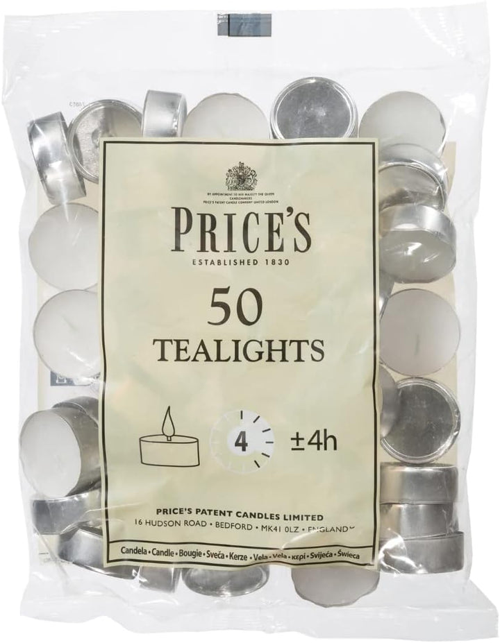 Prices Patent Candles White Tealights Bag, Pack of 50